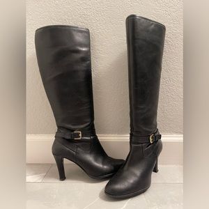 Ralph Lauren Black Leather Boots with Gold Buckle, Size 8